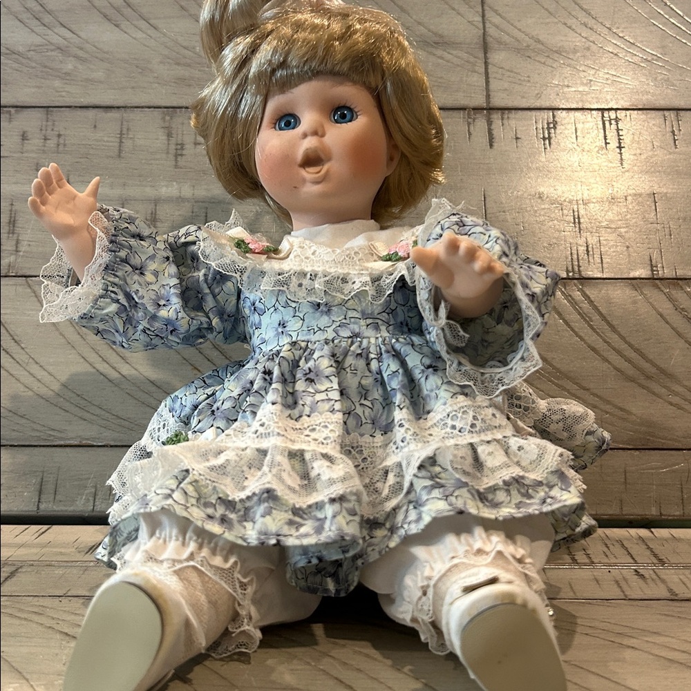 Collectible Porcelain Blonde Doll with Music Box  Lace Trimmed Dress & Bloomers - Picture 6 of 13